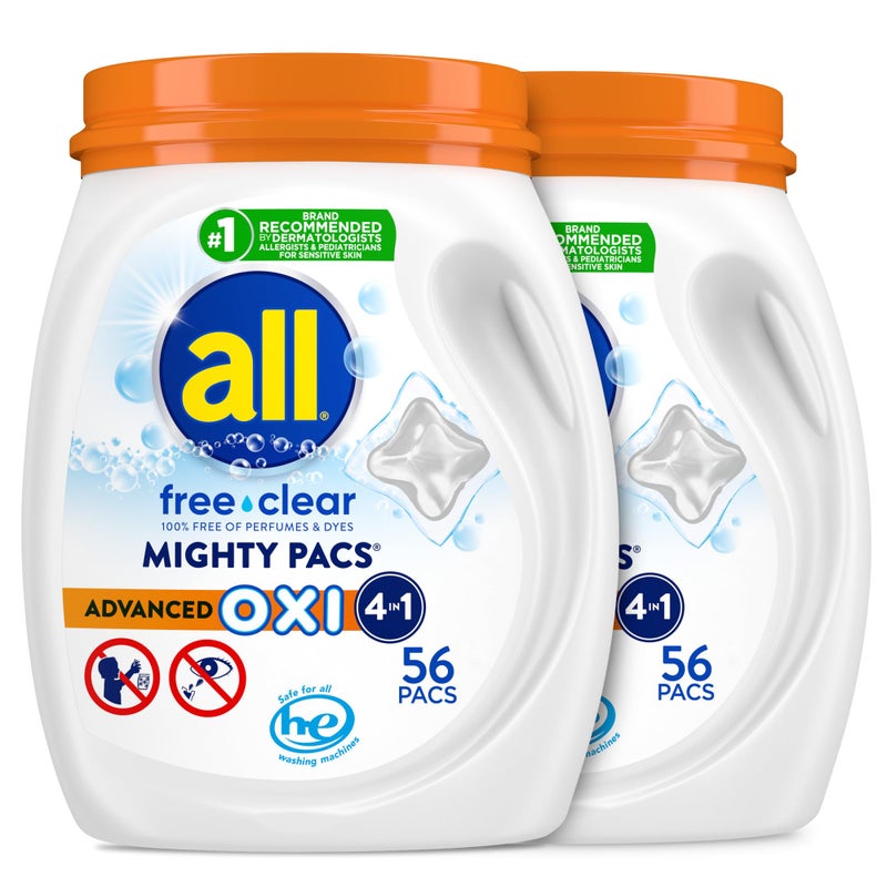 all free clear Advanced OXI MIGHTY PACS Laundry Detergent Pacs Stainfighting Unscented and Hypoallergenic for Sensitive Skin 56 Count Pack of 2